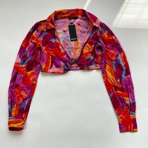 Petite Floral Cropped Blouse Summer Vacation Tropical Crop Long Sleeve Top Pink